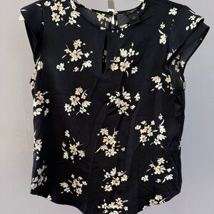 Ann Taylor Black Blouse with Cream Floral Design